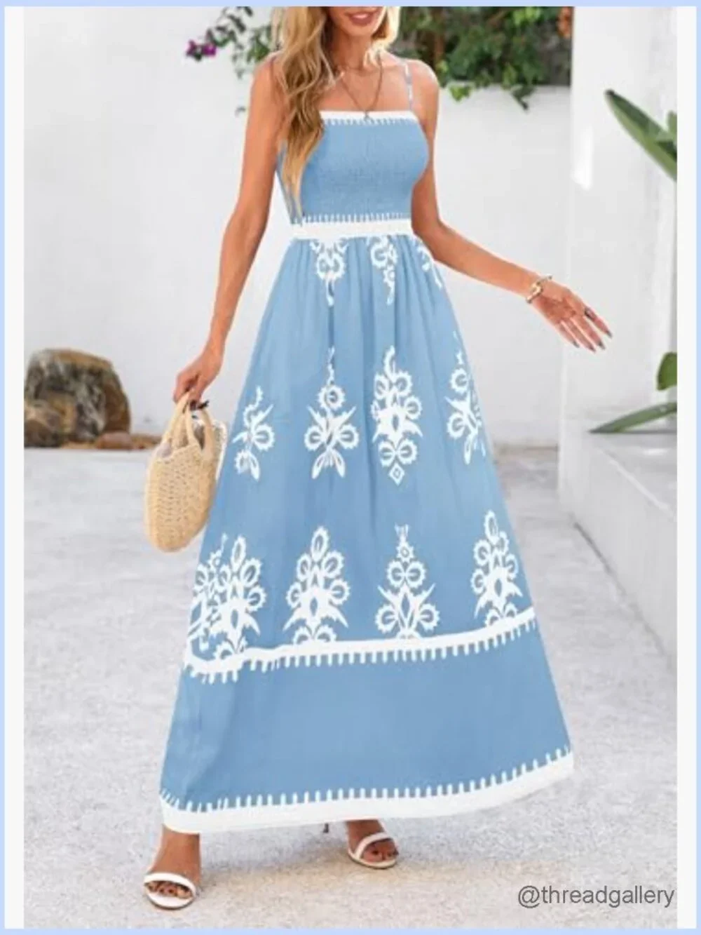 Women's Floral Maxi Dress Spaghetti Strap Smocked A-Line Sundress - Picture 6 of 7